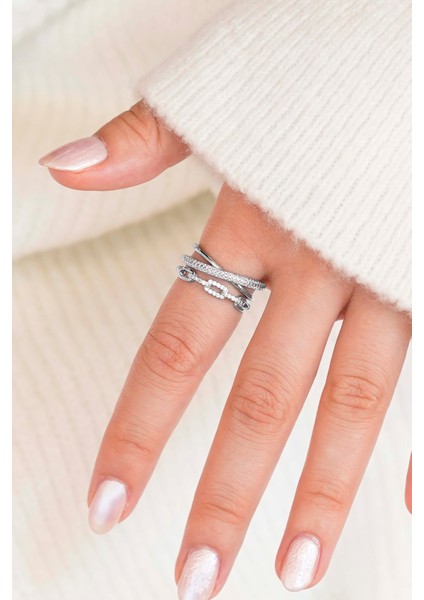 Gümüş Işıltı Kavisli Zirkon Taşlı Kadın 2'li Yüzük Seti modelleri