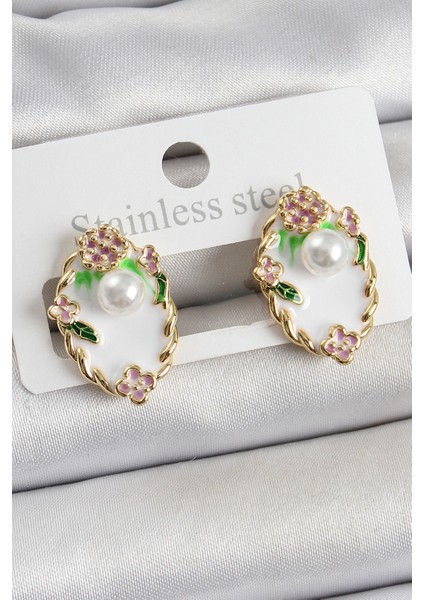 Bfs Pirinç Beyaz Mineli Inci Detaylı Sanatsal Portre Model Gold Renk Kadın Küpe