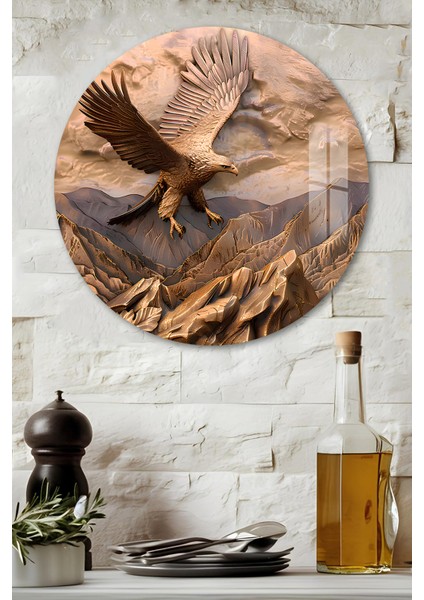 3D Görünümlü Temperli Cam Tablo – Kartal ve Dağ Manzarası Temalı Duvar Süsü Uv Baskı 33X33 CM-CDS065