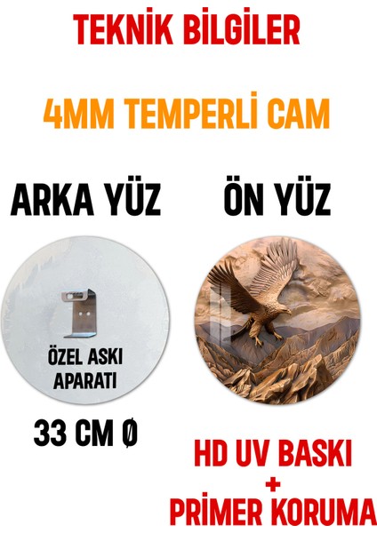 3D Görünümlü Temperli Cam Tablo – Kartal ve Dağ Manzarası Temalı Duvar Süsü Uv Baskı 33X33 CM-CDS065