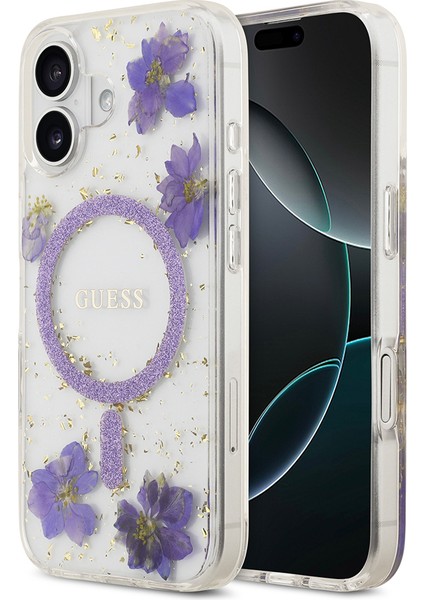 iPhone 17 Uyumlu Kılıf Guess Orjinal Lisanslı M-Safe Özellikli Transparan Resin Flowers Kapak Mor