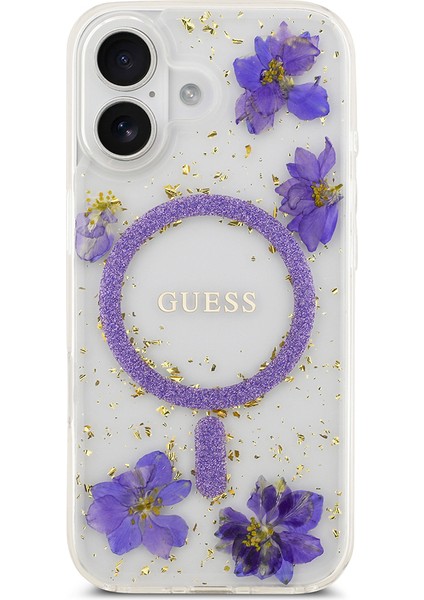 iPhone 17 Uyumlu Kılıf Guess Orjinal Lisanslı M-Safe Özellikli Transparan Resin Flowers Kapak Mor modelleri