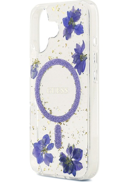 iPhone 17 Uyumlu Kılıf Guess Orjinal Lisanslı M-Safe Özellikli Transparan Resin Flowers Kapak Mor