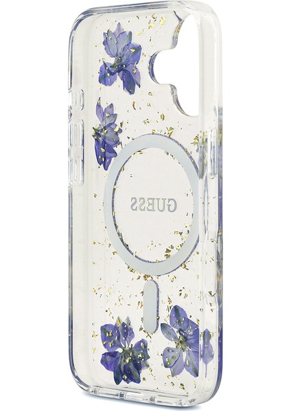 iPhone 17 Uyumlu Kılıf Guess Orjinal Lisanslı M-Safe Özellikli Transparan Resin Flowers Kapak Mor