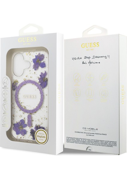 iPhone 17 Uyumlu Kılıf Guess Orjinal Lisanslı M-Safe Özellikli Transparan Resin Flowers Kapak Mor