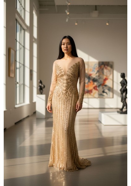 Özel Gün Nişan Söz Balo Taşlı Simli Payetli Tül Detay Özel Tasarım Balık Uzun Abiye Gold fiyatları