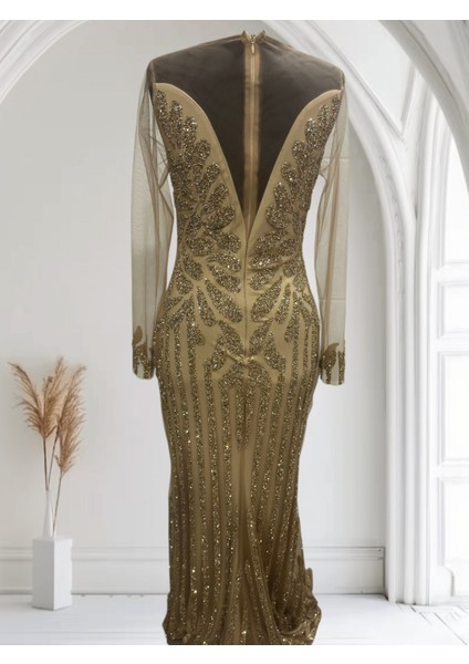Özel Gün Nişan Söz Balo Taşlı Simli Payetli Tül Detay Özel Tasarım Balık Uzun Abiye Gold fırsatları