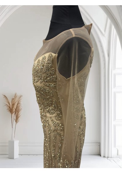 Özel Gün Nişan Söz Balo Taşlı Simli Payetli Tül Detay Özel Tasarım Balık Uzun Abiye Gold indirimleri