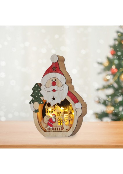 Yılbaşı Dekoru -Ahşap Işıklı Noel Baba- 15 cm