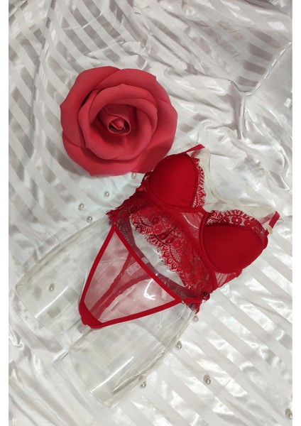 Kırmızı To Fall In Love Sütyen Külot Takım Tanga Ipli Dantel Detaylı Takım No Push Up