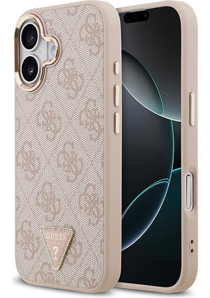 iPhone 17 Kılıf Guess Lisanslı M-Safe Şarjlı Gold Metal Kamera Çerçeveli Taşlı Üçgen Logolu Pembe
