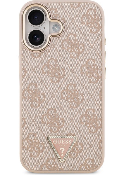iPhone 17 Kılıf Guess Lisanslı M-Safe Şarjlı Gold Metal Kamera Çerçeveli Taşlı Üçgen Logolu Pembe modelleri