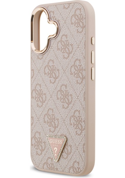 iPhone 17 Kılıf Guess Lisanslı M-Safe Şarjlı Gold Metal Kamera Çerçeveli Taşlı Üçgen Logolu Pembe