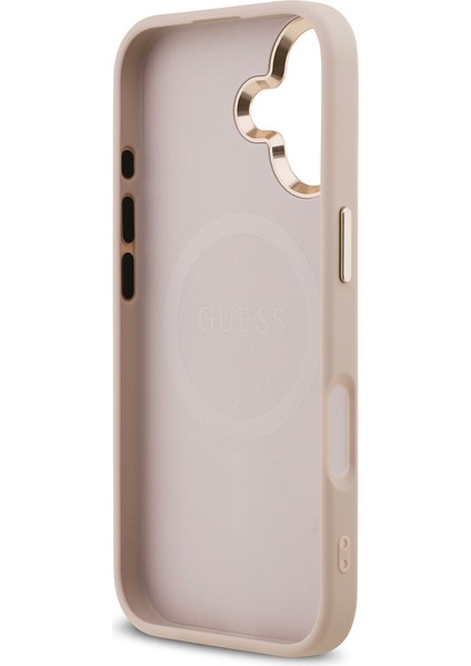 iPhone 17 Kılıf Guess Lisanslı M-Safe Şarjlı Gold Metal Kamera Çerçeveli Taşlı Üçgen Logolu Pembe