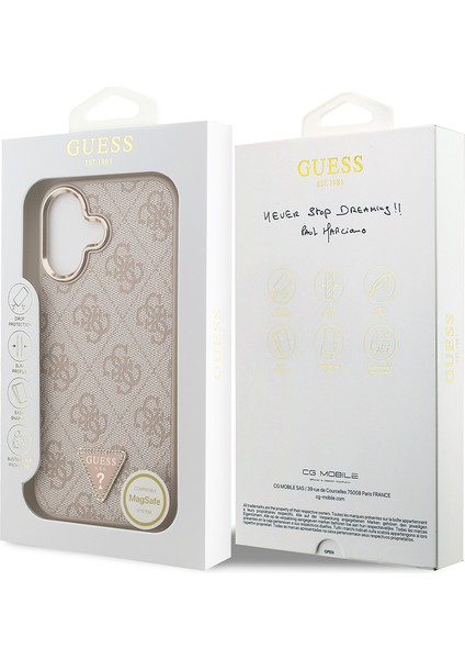 iPhone 17 Kılıf Guess Lisanslı M-Safe Şarjlı Gold Metal Kamera Çerçeveli Taşlı Üçgen Logolu Pembe