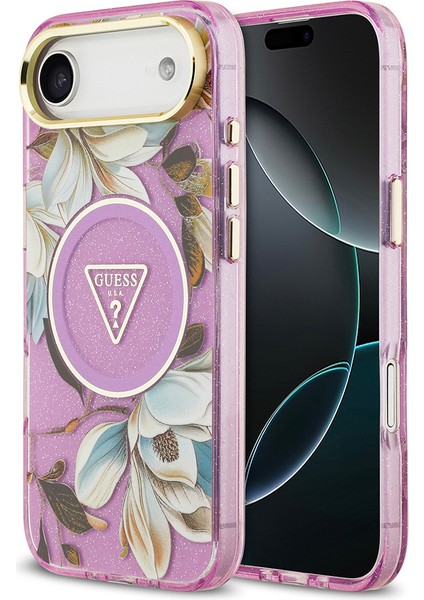 iPhone 17 Air Kılıf Guess Lisanslı M-Safeli Simli Çiçek Desenli Metal Kamera Çerçeveli Kapak Mor