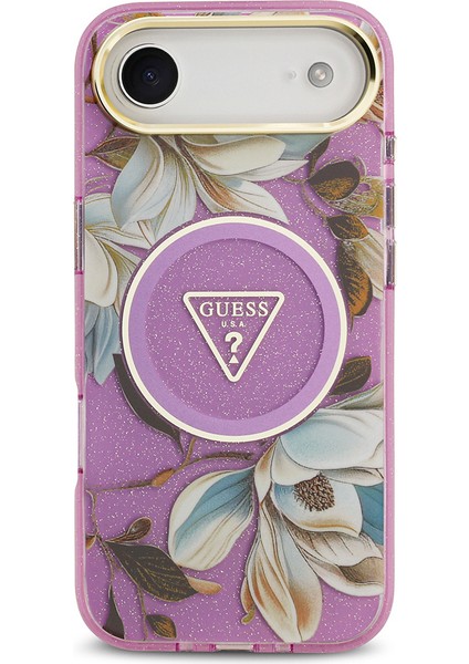 iPhone 17 Air Kılıf Guess Lisanslı M-Safeli Simli Çiçek Desenli Metal Kamera Çerçeveli Kapak Mor modelleri
