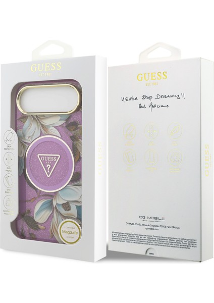 iPhone 17 Air Kılıf Guess Lisanslı M-Safeli Simli Çiçek Desenli Metal Kamera Çerçeveli Kapak Mor
