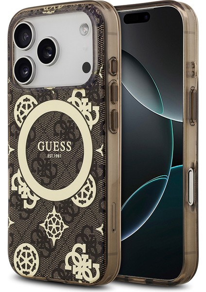iPhone 17 Pro Max Kılıf Guess Lisanslı M-Safeli Iml Peony ve 4g Desenli Klasik Logolu Kahverengi