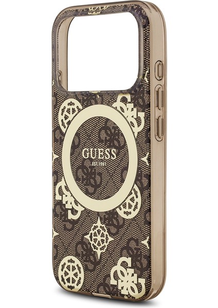 iPhone 17 Pro Max Kılıf Guess Lisanslı M-Safeli Iml Peony ve 4g Desenli Klasik Logolu Kahverengi
