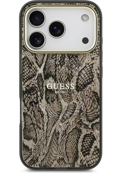 iPhone 17 Pro Uyumlu Kılıf Guess Lisanslı M-Safeli Yazı Logolu Python Desenli Kapak Kahverengi modelleri