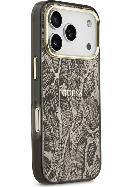 iPhone 17 Pro Uyumlu Kılıf Guess Lisanslı M-Safeli Yazı Logolu Python Desenli Kapak Kahverengi fırsatları