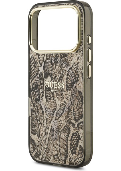 iPhone 17 Pro Uyumlu Kılıf Guess Lisanslı M-Safeli Yazı Logolu Python Desenli Kapak Kahverengi