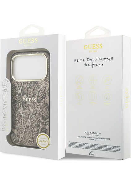 iPhone 17 Pro Uyumlu Kılıf Guess Lisanslı M-Safeli Yazı Logolu Python Desenli Kapak Kahverengi