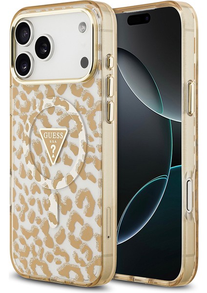 iPhone 17 Pro Max Uyumlu Kılıf Guess Lisanslı M-Safeli Üçgen Logolu Simli Leopar Desenli Kahverengi