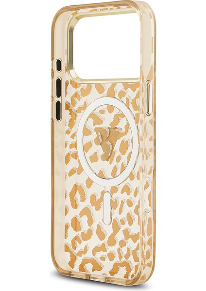 iPhone 17 Pro Max Uyumlu Kılıf Guess Lisanslı M-Safeli Üçgen Logolu Simli Leopar Desenli Kahverengi