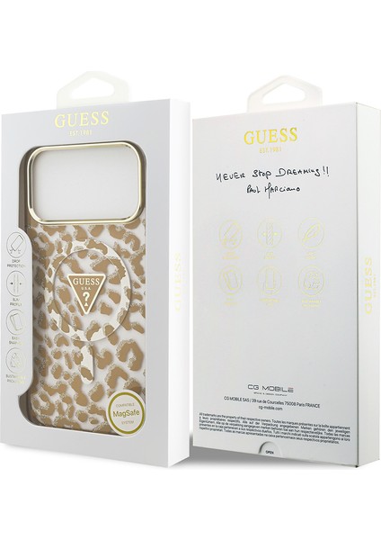 iPhone 17 Pro Max Uyumlu Kılıf Guess Lisanslı M-Safeli Üçgen Logolu Simli Leopar Desenli Kahverengi