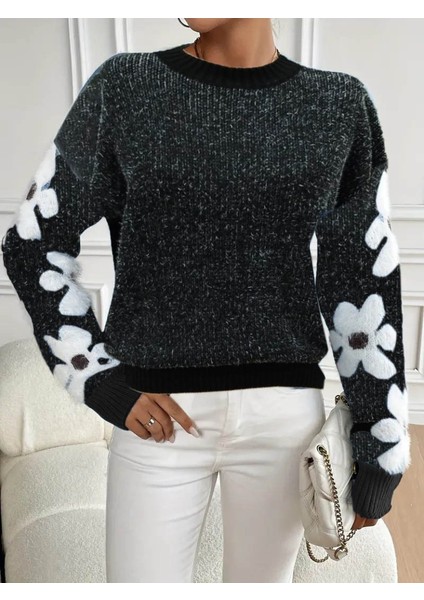 Kadın Uzun Kollu Bisiklet Yaka Çiçek Desenli Triko Bluz