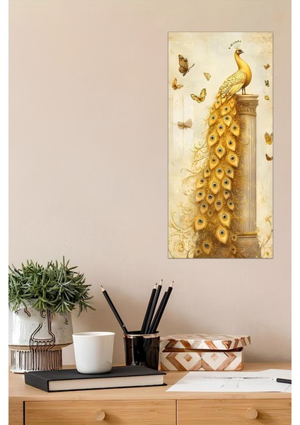 Altın Tavus Kuşu ve Kelebekler Temalı Temperli Cam Dik Tablo 30X60 cm Ebadında Uv Baskı - DCT049
