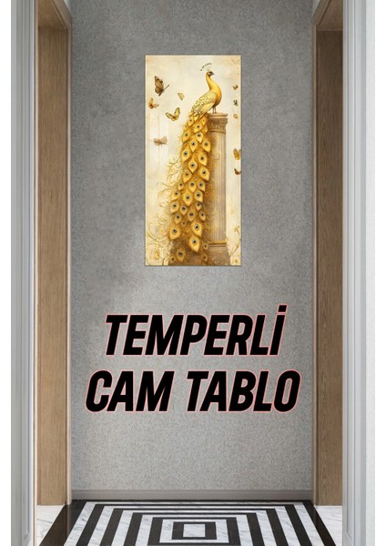 Altın Tavus Kuşu ve Kelebekler Temalı Temperli Cam Dik Tablo 30X60 cm Ebadında Uv Baskı - DCT049 indirimleri