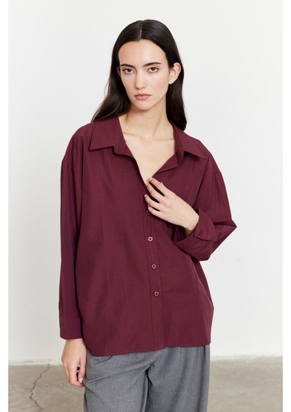 Oversize Poplin Gömlek Bordo modelleri