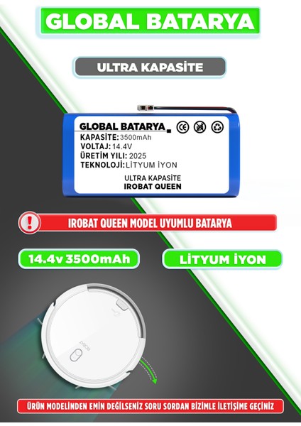 Irobat Queen Uyumlu Robot Süpürge Bataryası 14.4V 3500MAH Li-Ion Pil (Ultra Kapasite)