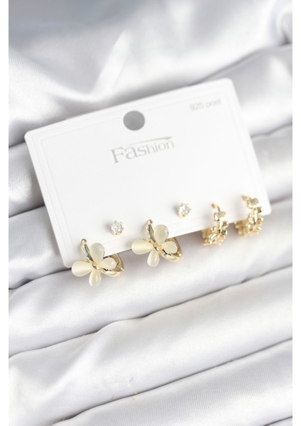 Kelebek Model Gold Renk Pirinç 925 Ayar Gümüş Çivili Kadın Küpe Seti