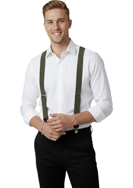 Unisex Haki Derili Esneyebilen Lastik Ayarlanabilir Metal Klipsli Pantolon Askısı 2602025