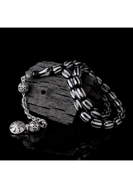 925 Ayar Gümüş Mineli Püsküllü Siyah Gri Renk Ateş Kehribar Tesbih