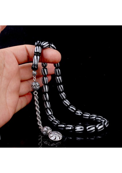 925 Ayar Gümüş Mineli Püsküllü Siyah Gri Renk Ateş Kehribar Tesbih modelleri