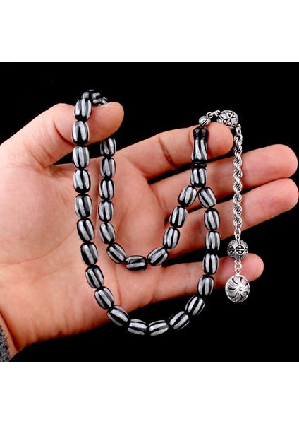 925 Ayar Gümüş Mineli Püsküllü Siyah Gri Renk Ateş Kehribar Tesbih fırsatları