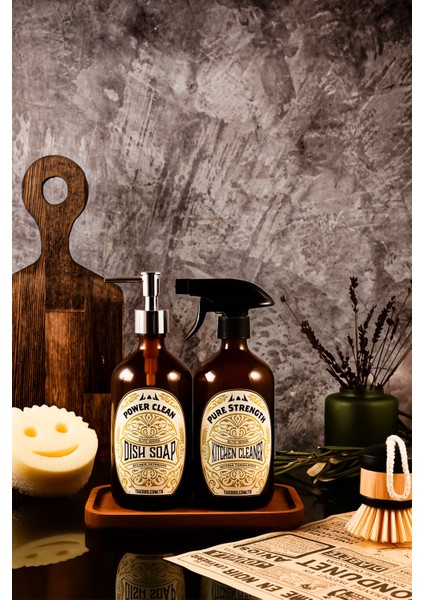 500ML Ahşap Stantlı Elite Serisi Bulaşık Detarjanı ve Mutfak Temizleyici Sabunluk Seti