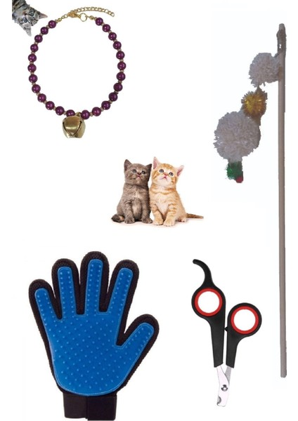 4'lü Set Evcil Hayvan Takı Kolye Tasma 33cm Oyun Oltası Tüy Toplama Temizleme Eldiveni Tırnak Makası