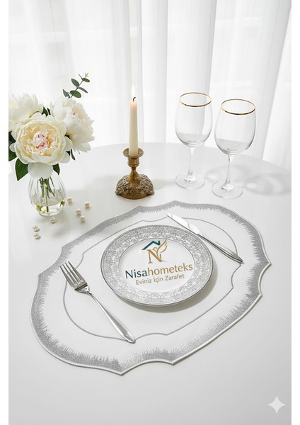 6 Adet Simli Nakışlı Keten Amerikan Servis - Keten Supla