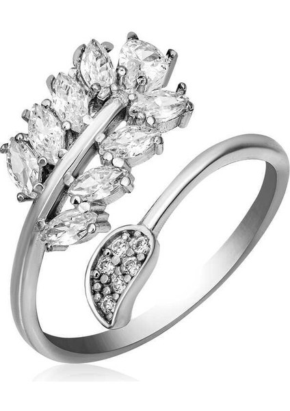 Gümüş Ayarlanabilir Beyaz Taşlı Yaprak Kadın Yüzük