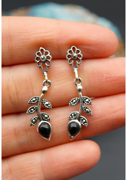 925 Ayar Gümüş Oltu Taşı Kadın Küpe SKÜ00027