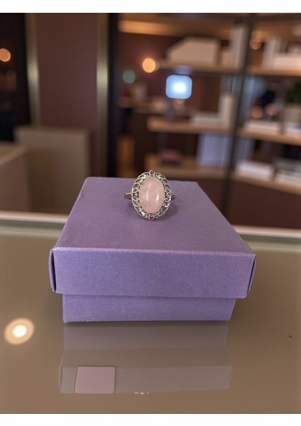 Pembe Kuvars Taşı Doğal Taş Ayarlamalı Gold Renk Yüzük