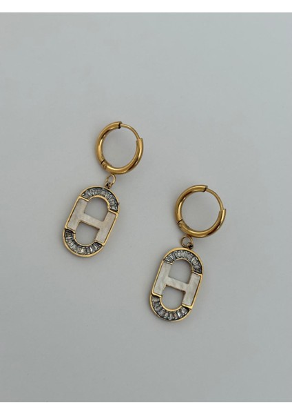 Oval Beyaz Mineli Zirkon Taşlı Vip Gold Çelik Sallantılı Küpe