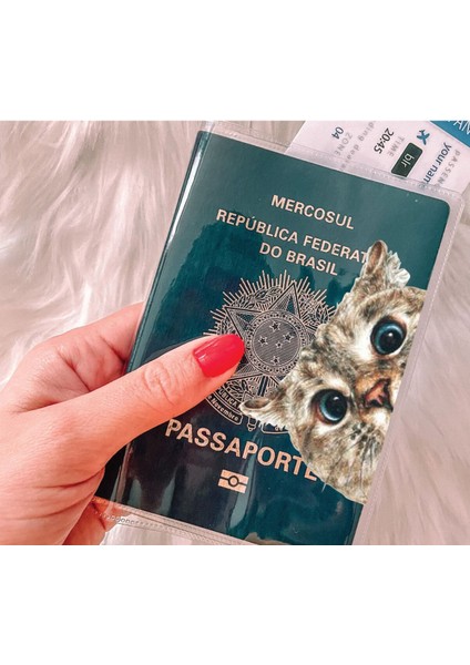 Tüm Ülke Pasaportları ile Uyumlu Şeffaf Pvc Baskılı Cepli Pasaport Kılıfı Kabı - Miyav