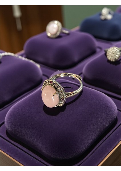 Pembe Kuvars Taşı Doğal Taş Ayarlamalı Gold Renk Yüzük fiyatları